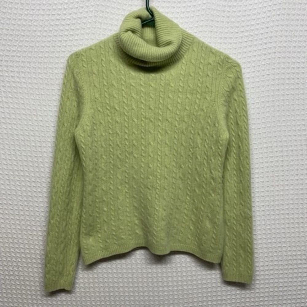 Griffen Lime Green Cable Knit TurtleNeck Sweater Women XL China 100% Cashmere